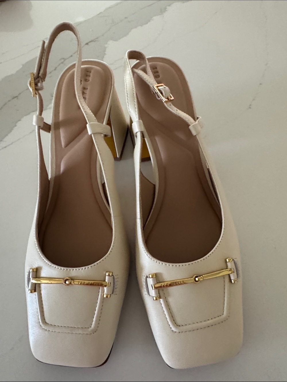 Ted Baker London Cream Slingback Block Heel Shoes with Gold Buckle US 10